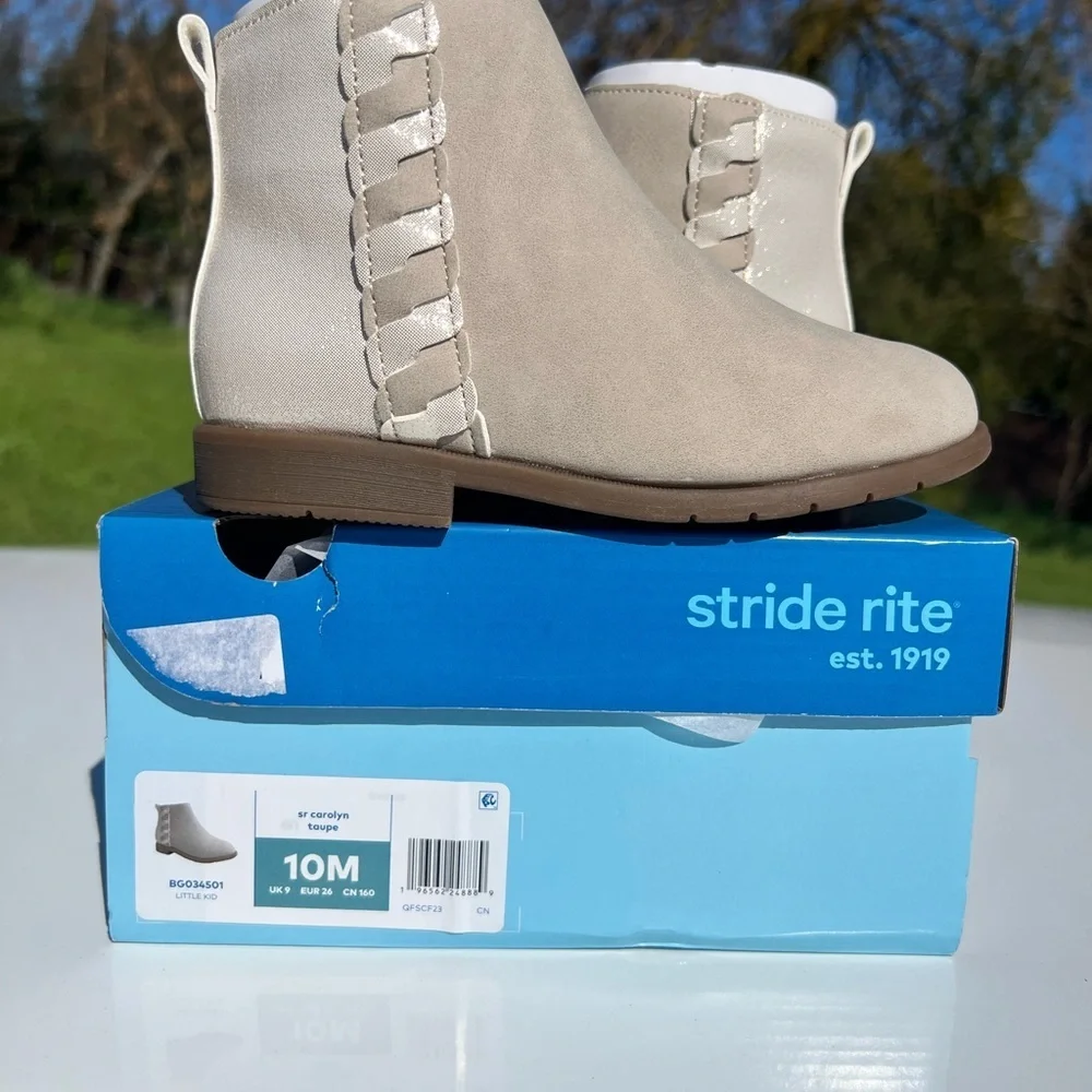 Little Girls Beige Side-Zip Ankle Boots with Braided Accent